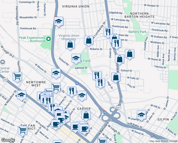 map of restaurants, bars, coffee shops, grocery stores, and more near 1812 Brook Road in Richmond