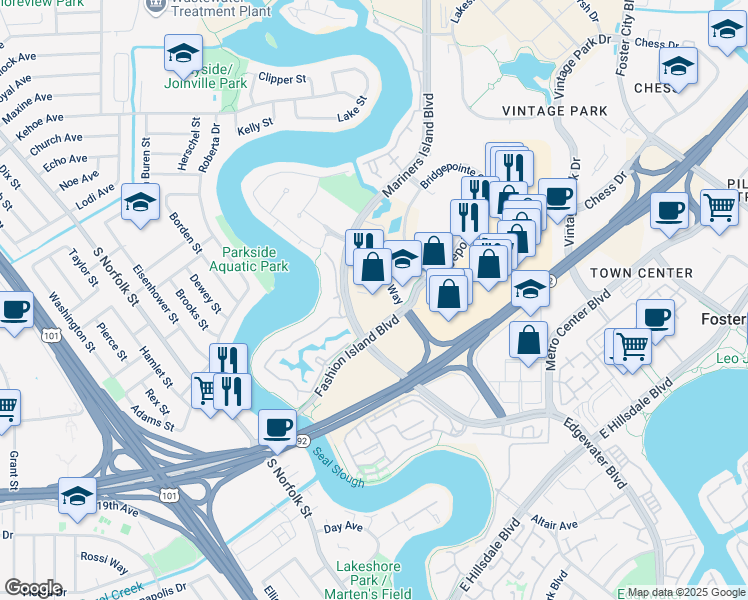 map of restaurants, bars, coffee shops, grocery stores, and more near 951 Mariners Island Boulevard in San Mateo