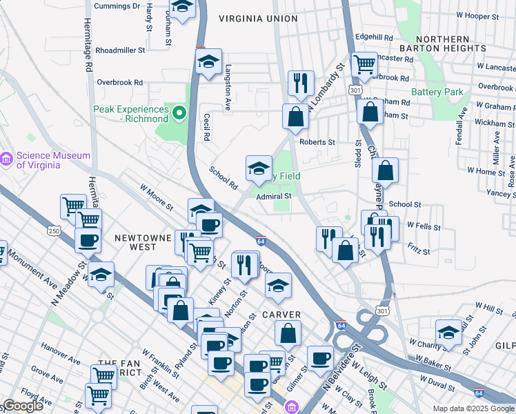 map of restaurants, bars, coffee shops, grocery stores, and more near 1299 School St in Richmond