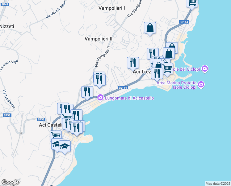 map of restaurants, bars, coffee shops, grocery stores, and more near 67 Lungomare Scardamiano in Aci Castello