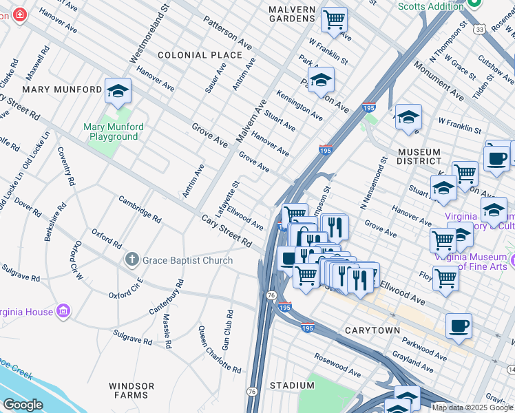 map of restaurants, bars, coffee shops, grocery stores, and more near 3719 Floyd Avenue in Richmond