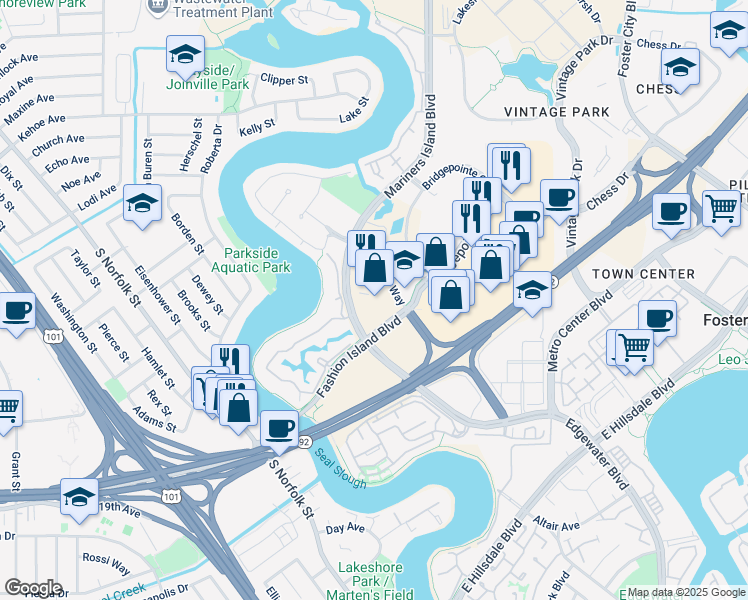 map of restaurants, bars, coffee shops, grocery stores, and more near 951 Mariners Island Boulevard in San Mateo
