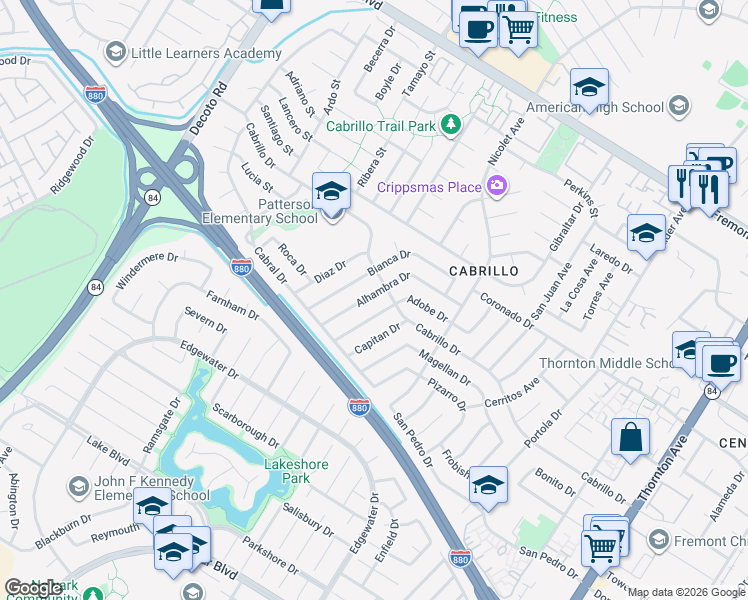 map of restaurants, bars, coffee shops, grocery stores, and more near 4626 Alhambra Drive in Fremont