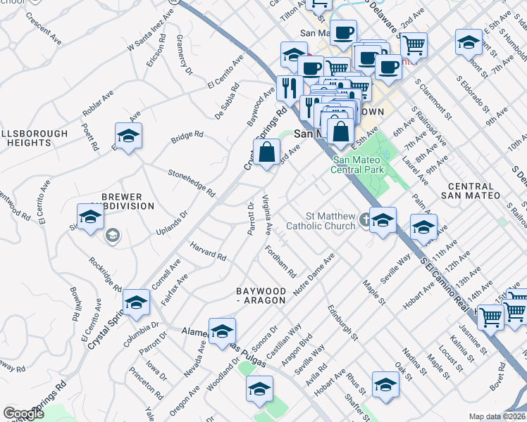 map of restaurants, bars, coffee shops, grocery stores, and more near 311 Parrott Drive in San Mateo