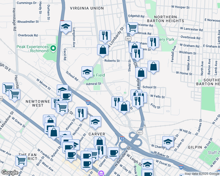 map of restaurants, bars, coffee shops, grocery stores, and more near 1705 Brook Road in Richmond