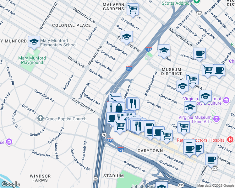 map of restaurants, bars, coffee shops, grocery stores, and more near 12 North Thompson Street in Richmond