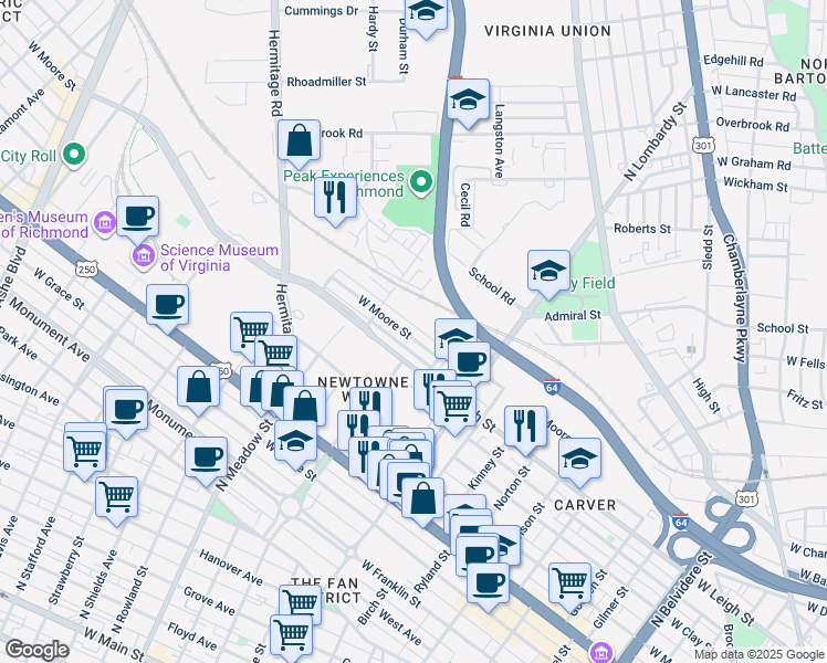 map of restaurants, bars, coffee shops, grocery stores, and more near 1804 West Moore Street in Richmond