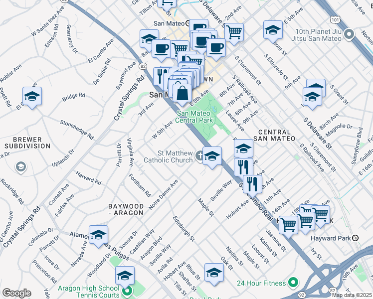 map of restaurants, bars, coffee shops, grocery stores, and more near 623 Capistrano Way in San Mateo
