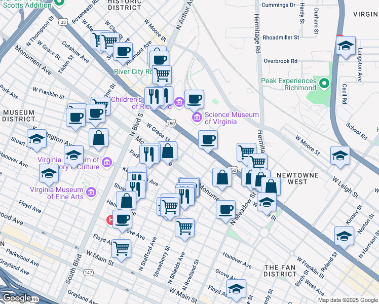 map of restaurants, bars, coffee shops, grocery stores, and more near 2346 West Grace Street in Richmond