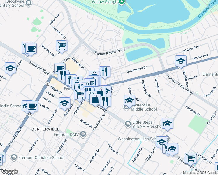 map of restaurants, bars, coffee shops, grocery stores, and more near 3825 Parish Avenue in Fremont