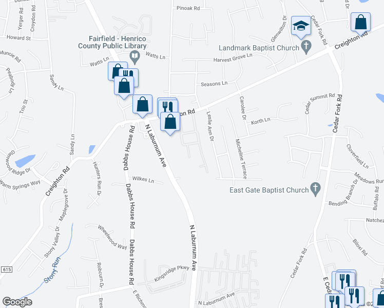 map of restaurants, bars, coffee shops, grocery stores, and more near 905 Dominion Townes Court in Richmond