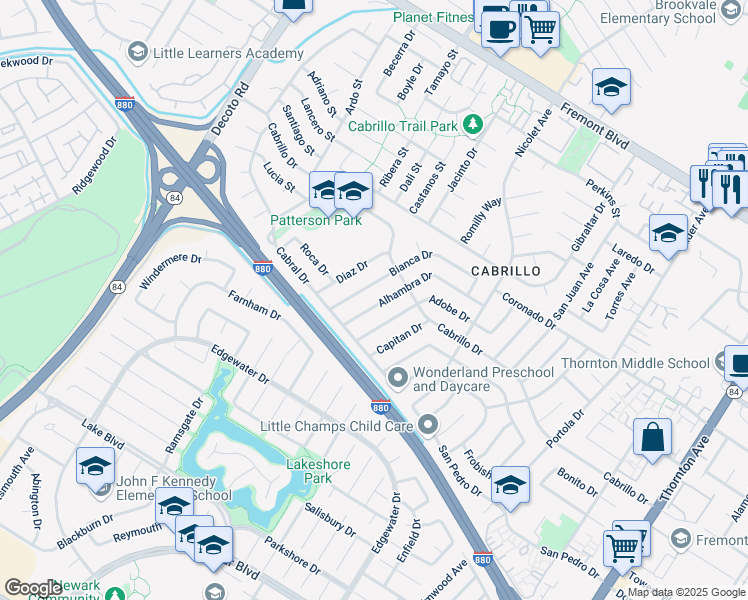 map of restaurants, bars, coffee shops, grocery stores, and more near 4645 Bianca Drive in Fremont