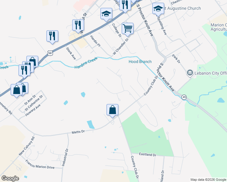 map of restaurants, bars, coffee shops, grocery stores, and more near 500-530 Hillcreek Road in Lebanon