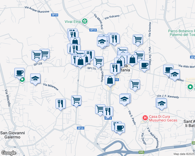 map of restaurants, bars, coffee shops, grocery stores, and more near 7 Via Strano Gianni in Gravina di Catania