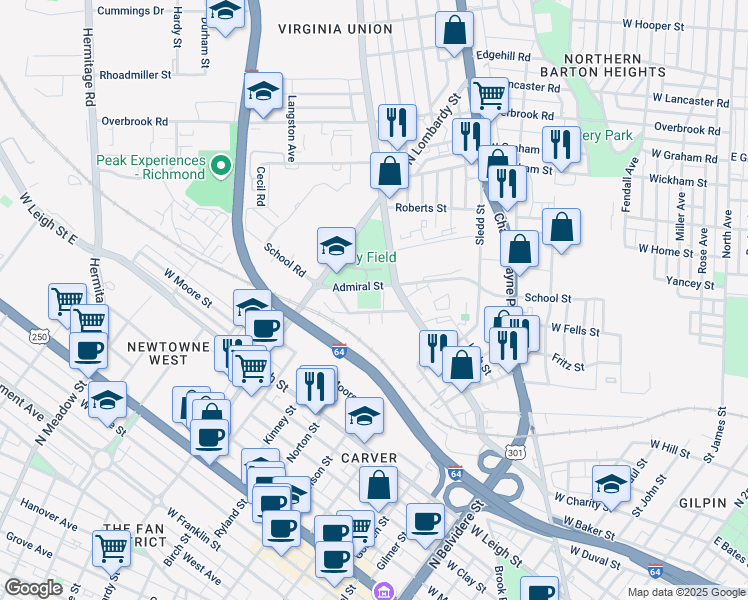 map of restaurants, bars, coffee shops, grocery stores, and more near 1812 Brook Road in Richmond