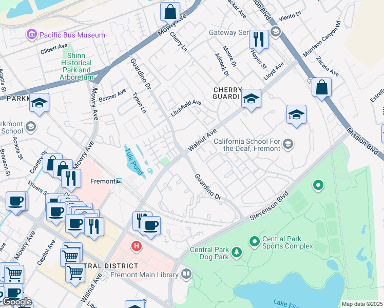 map of restaurants, bars, coffee shops, grocery stores, and more near 39034 Guardino Drive in Fremont