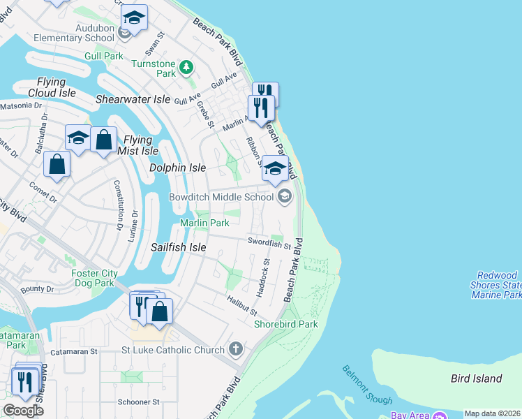 map of restaurants, bars, coffee shops, grocery stores, and more near 221 Bonita Lane in Foster City