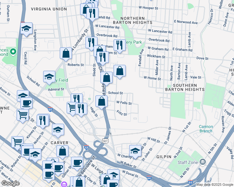 map of restaurants, bars, coffee shops, grocery stores, and more near 515 School Street in Richmond