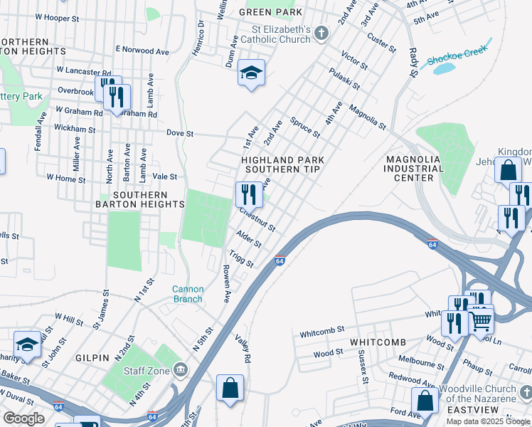 map of restaurants, bars, coffee shops, grocery stores, and more near 1906 4th Avenue in Richmond