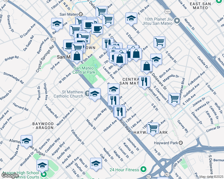 map of restaurants, bars, coffee shops, grocery stores, and more near Hayward Avenue in San Mateo