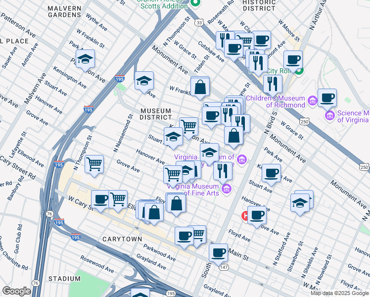 map of restaurants, bars, coffee shops, grocery stores, and more near 3200 Stuart Avenue in Richmond