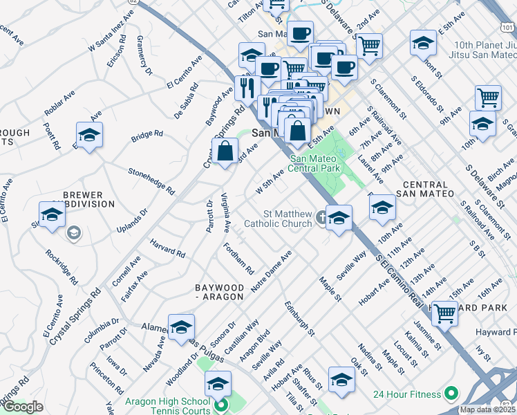 map of restaurants, bars, coffee shops, grocery stores, and more near 523 Maple Street in San Mateo