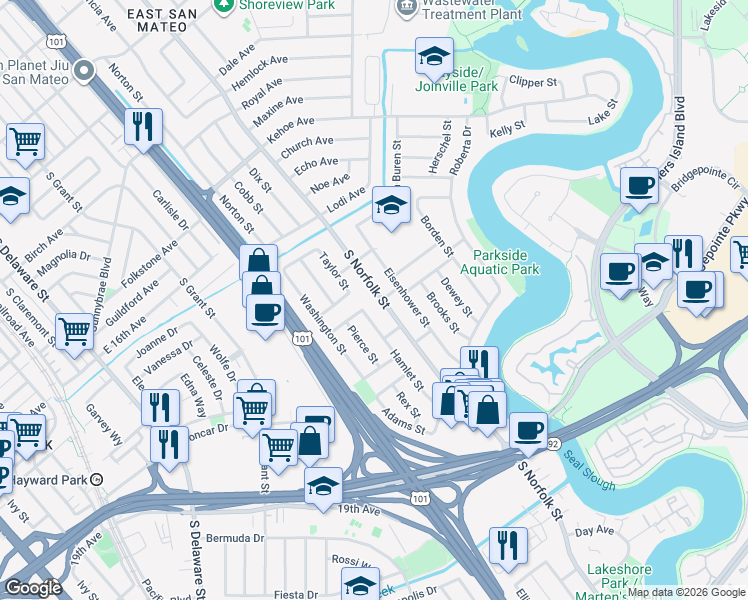 map of restaurants, bars, coffee shops, grocery stores, and more near 1716 South Norfolk Street in San Mateo