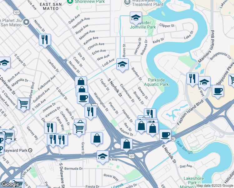 map of restaurants, bars, coffee shops, grocery stores, and more near 1716 South Norfolk Street in San Mateo