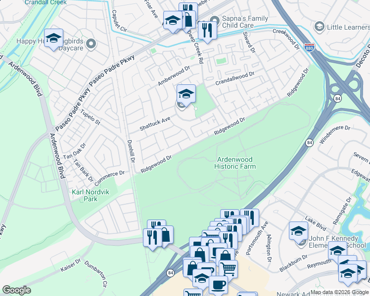 map of restaurants, bars, coffee shops, grocery stores, and more near 34513 Alberta Terrace in Fremont