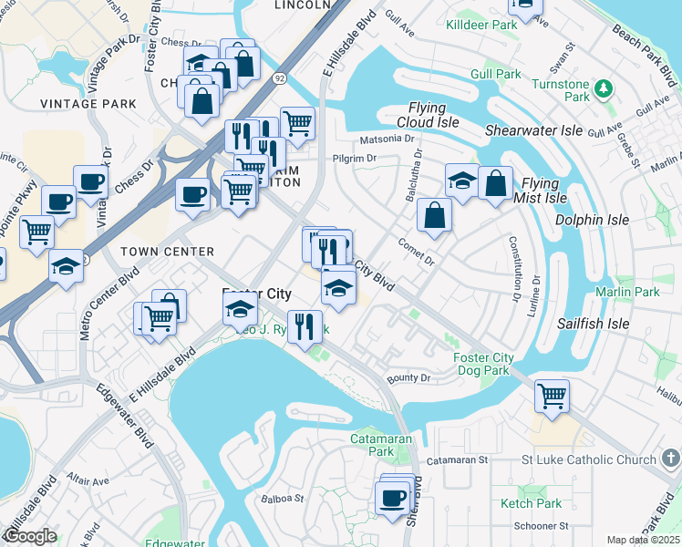 map of restaurants, bars, coffee shops, grocery stores, and more near in Foster City