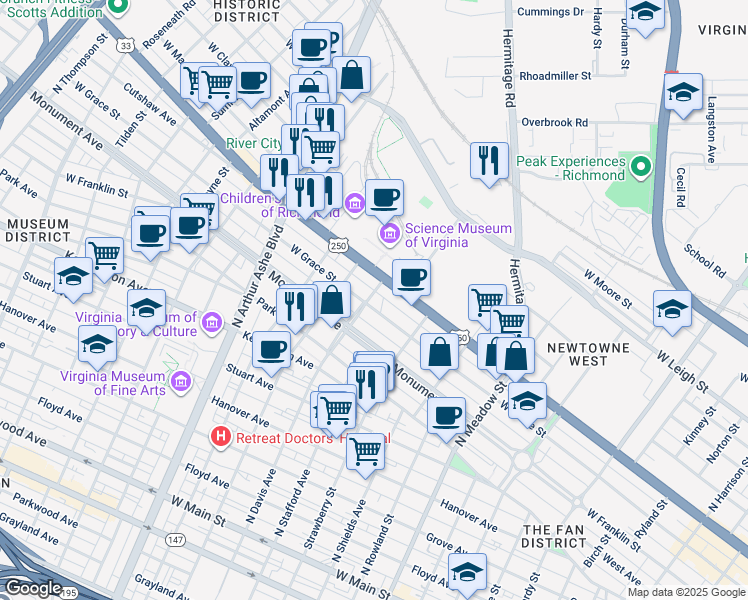 map of restaurants, bars, coffee shops, grocery stores, and more near 2400 West Broad Street in Richmond