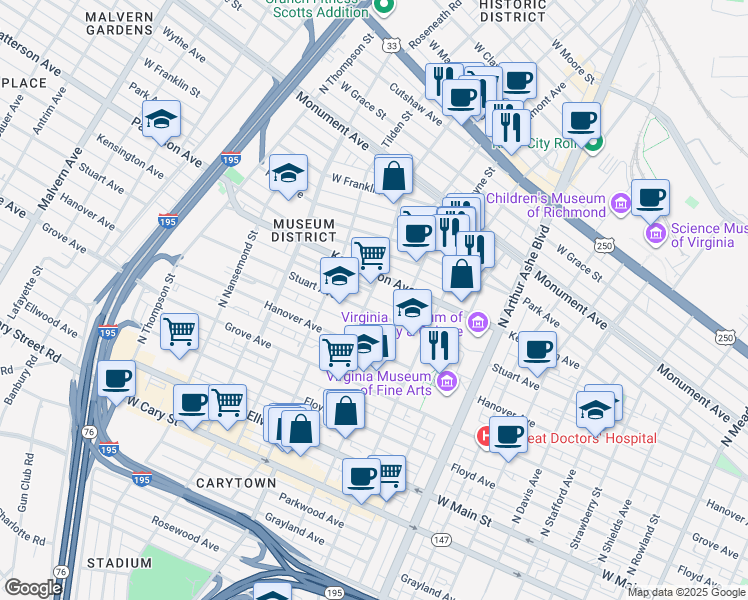 map of restaurants, bars, coffee shops, grocery stores, and more near 3203 Virginia 6 in Richmond