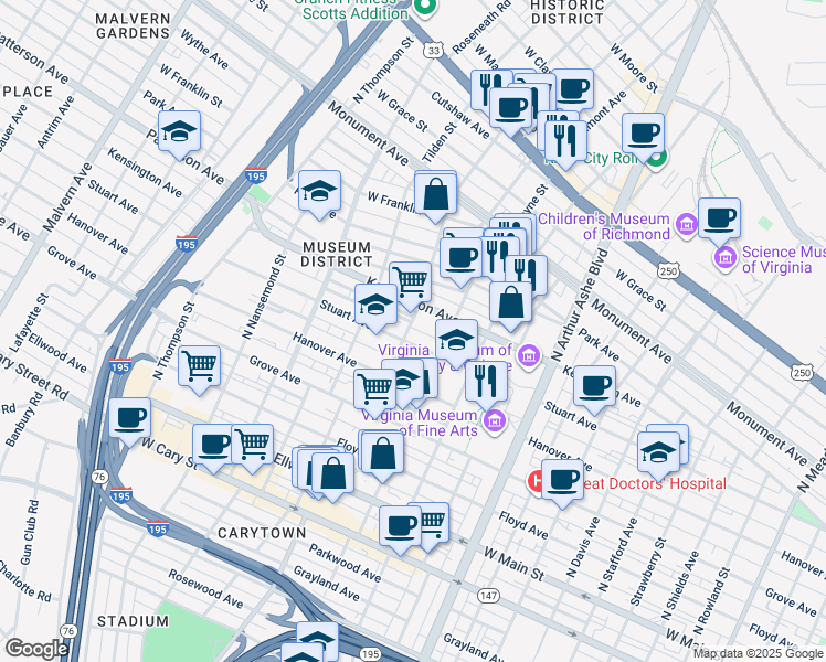 map of restaurants, bars, coffee shops, grocery stores, and more near 3203 Virginia 6 in Richmond