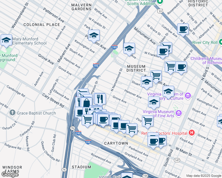 map of restaurants, bars, coffee shops, grocery stores, and more near 208 North Nansemond Street in Richmond