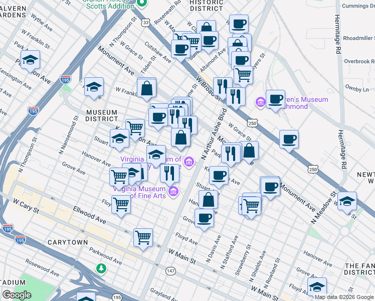 map of restaurants, bars, coffee shops, grocery stores, and more near 548 North Colonial Avenue in Richmond