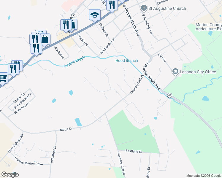 map of restaurants, bars, coffee shops, grocery stores, and more near 500 Hillcreek Road in Lebanon