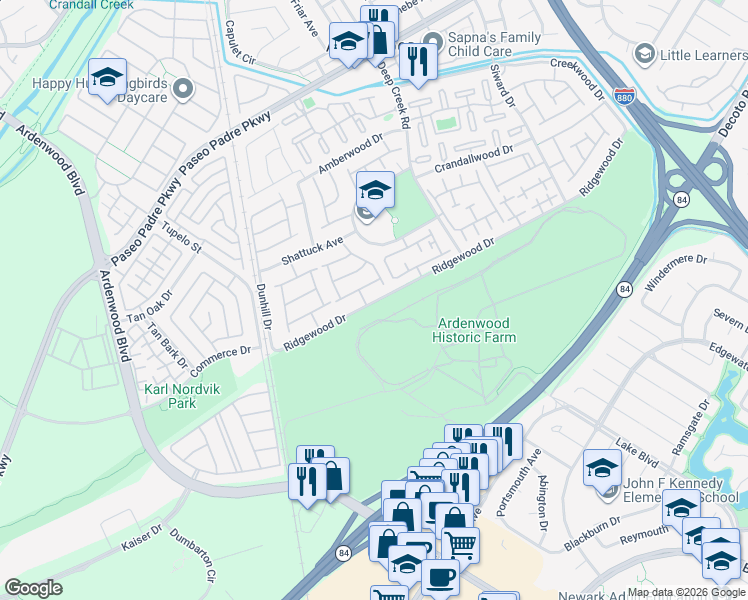 map of restaurants, bars, coffee shops, grocery stores, and more near 34513 Alberta Terrace in Fremont