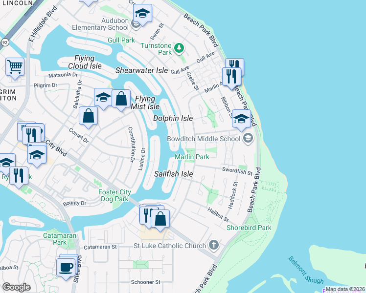 map of restaurants, bars, coffee shops, grocery stores, and more near 1190 Flying Fish Street in Foster City