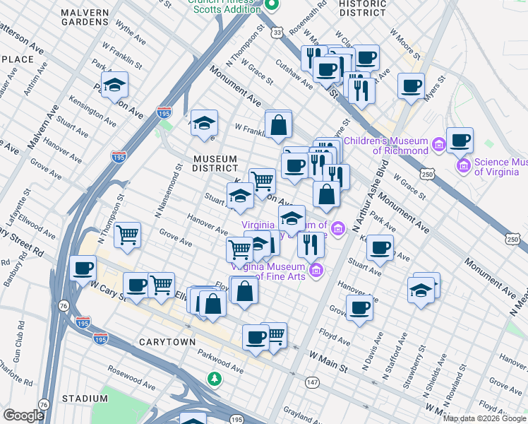 map of restaurants, bars, coffee shops, grocery stores, and more near 403 Cleveland Street in Richmond