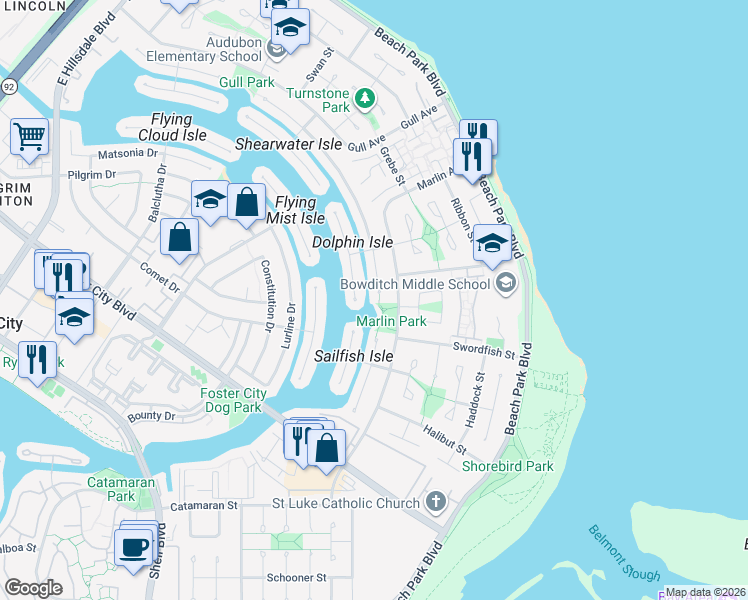 map of restaurants, bars, coffee shops, grocery stores, and more near 1190 Flying Fish Street in Foster City