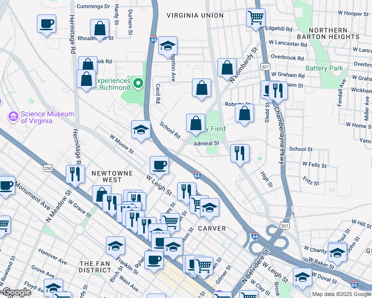 map of restaurants, bars, coffee shops, grocery stores, and more near 1307 Admiral Street in Richmond