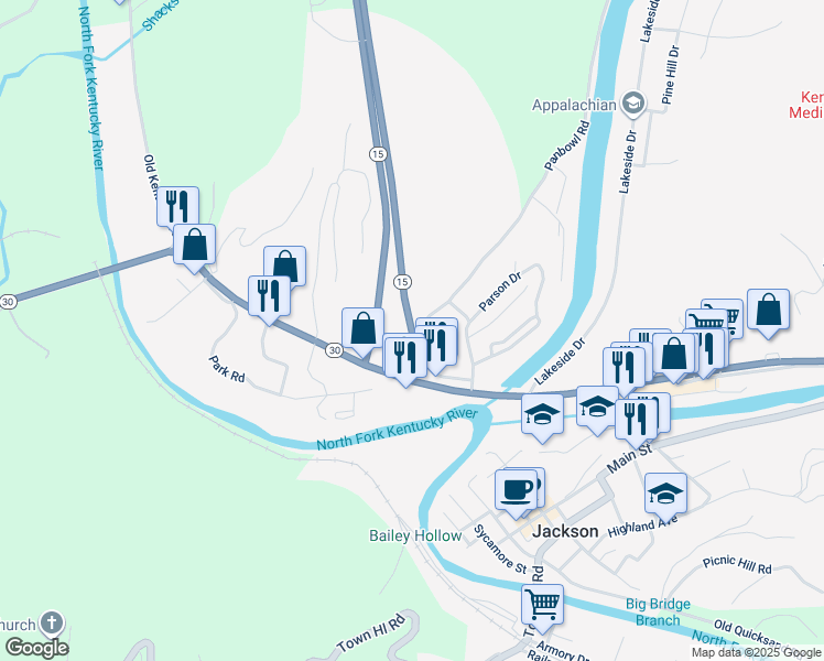 map of restaurants, bars, coffee shops, grocery stores, and more near Highway 15 in Jackson