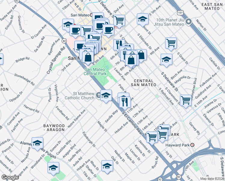 map of restaurants, bars, coffee shops, grocery stores, and more near 10 9th Avenue in San Mateo