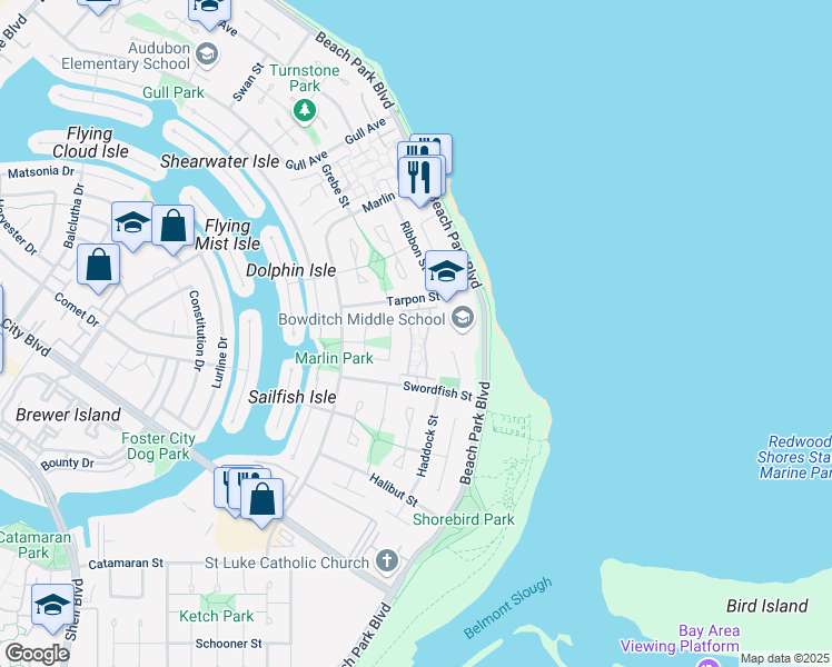 map of restaurants, bars, coffee shops, grocery stores, and more near 153 Albacore Lane in Foster City