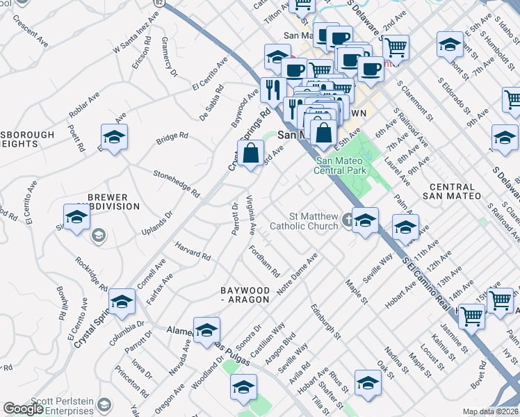 map of restaurants, bars, coffee shops, grocery stores, and more near 146 Dartmouth Road in San Mateo