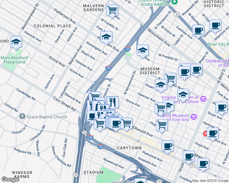 map of restaurants, bars, coffee shops, grocery stores, and more near 3526 Grove Avenue in Richmond