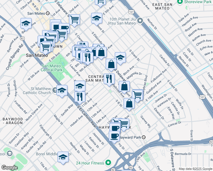 map of restaurants, bars, coffee shops, grocery stores, and more near North B Street in San Mateo