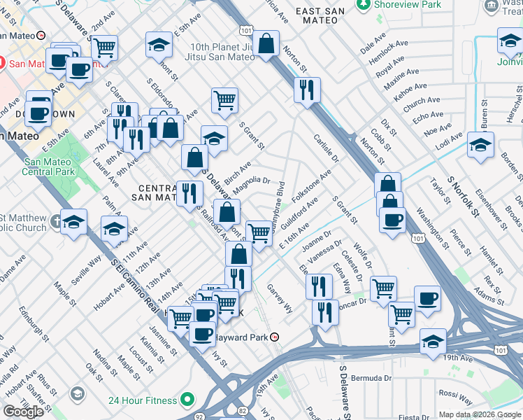 map of restaurants, bars, coffee shops, grocery stores, and more near 636 Amesbury Avenue in San Mateo
