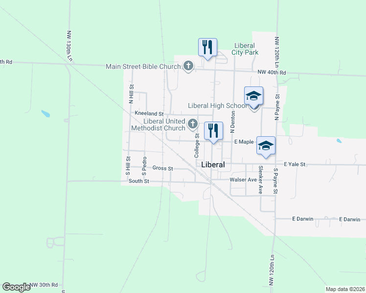 map of restaurants, bars, coffee shops, grocery stores, and more near 200-228 West Maple Street in Liberal
