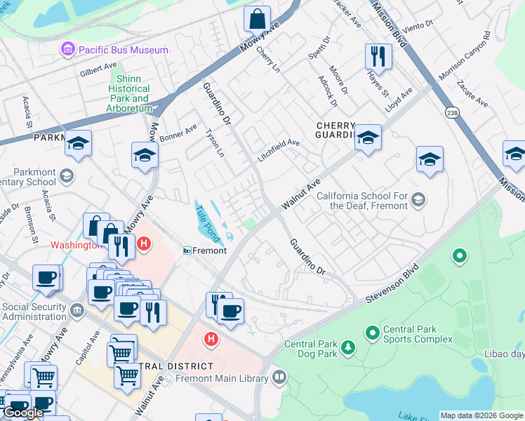 map of restaurants, bars, coffee shops, grocery stores, and more near 1087 Vardin Terrace in Fremont